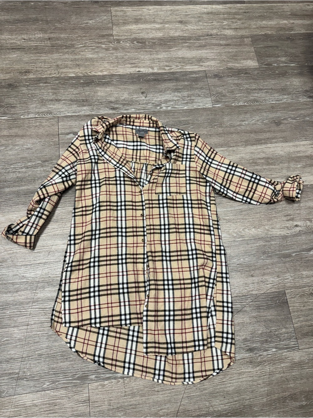 Plaid Button-Front Tunic Shirt in Camel Plaid